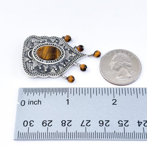 Vintage Sterling Silver 925 4.5cm Shield Shaped Tiger’s Eye Dangle Pendant - Picture 7 of 7